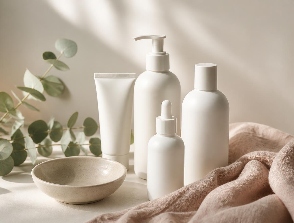 Cosméticos profissionais sobre fundo off-white com folhas verdes
